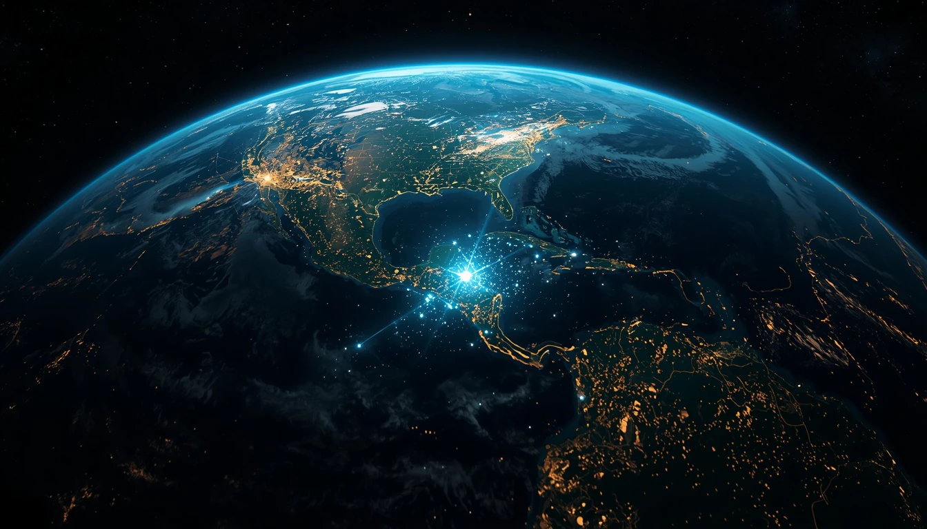 Earth seen from orbit at night, city lights tracing the continents against the dark
