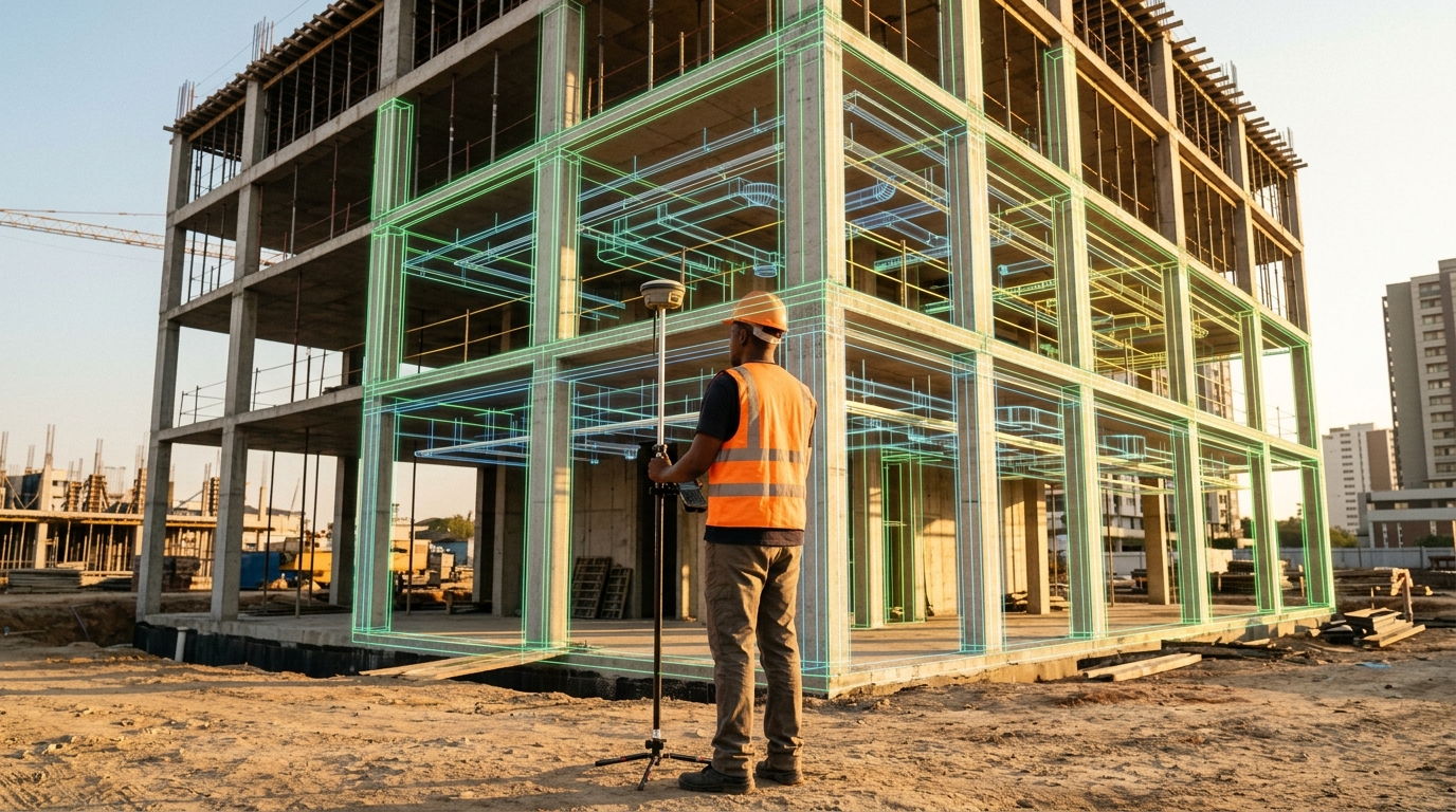 A surveyor in a high-visibility vest holding a GNSS pole beside a concrete building frame under construction, the frame overlaid with a glowing green 3D building model