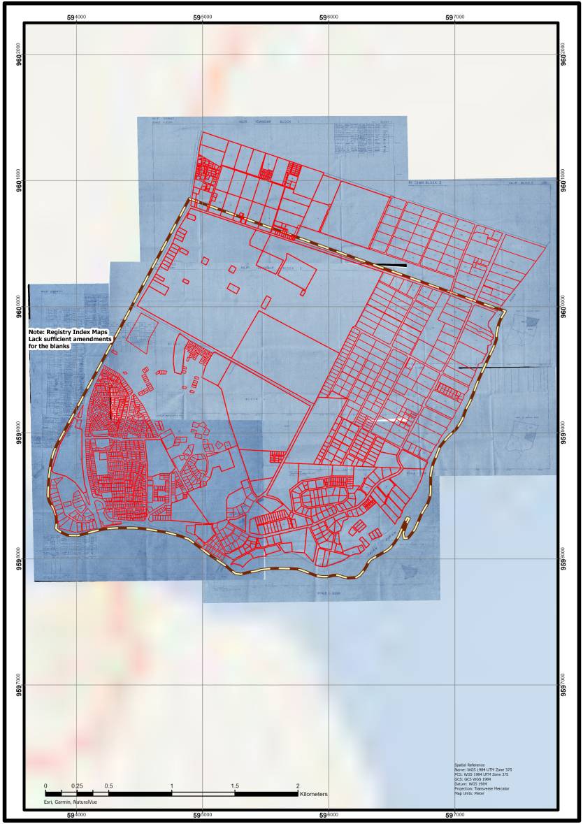 A digitised cadastre layer: land parcels outlined in red over georeferenced survey plans along the coast