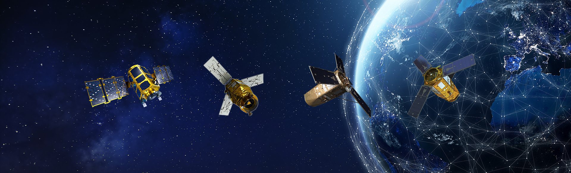 An illustration of four satellites in a row against black space, with the curve of the Earth at the right