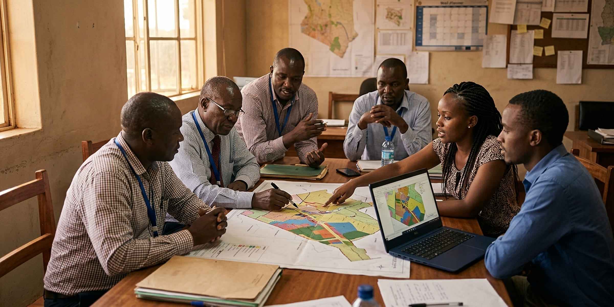 Officials and consultants gathered around a table, leaning over a printed land use map beside a laptop showing the same area
