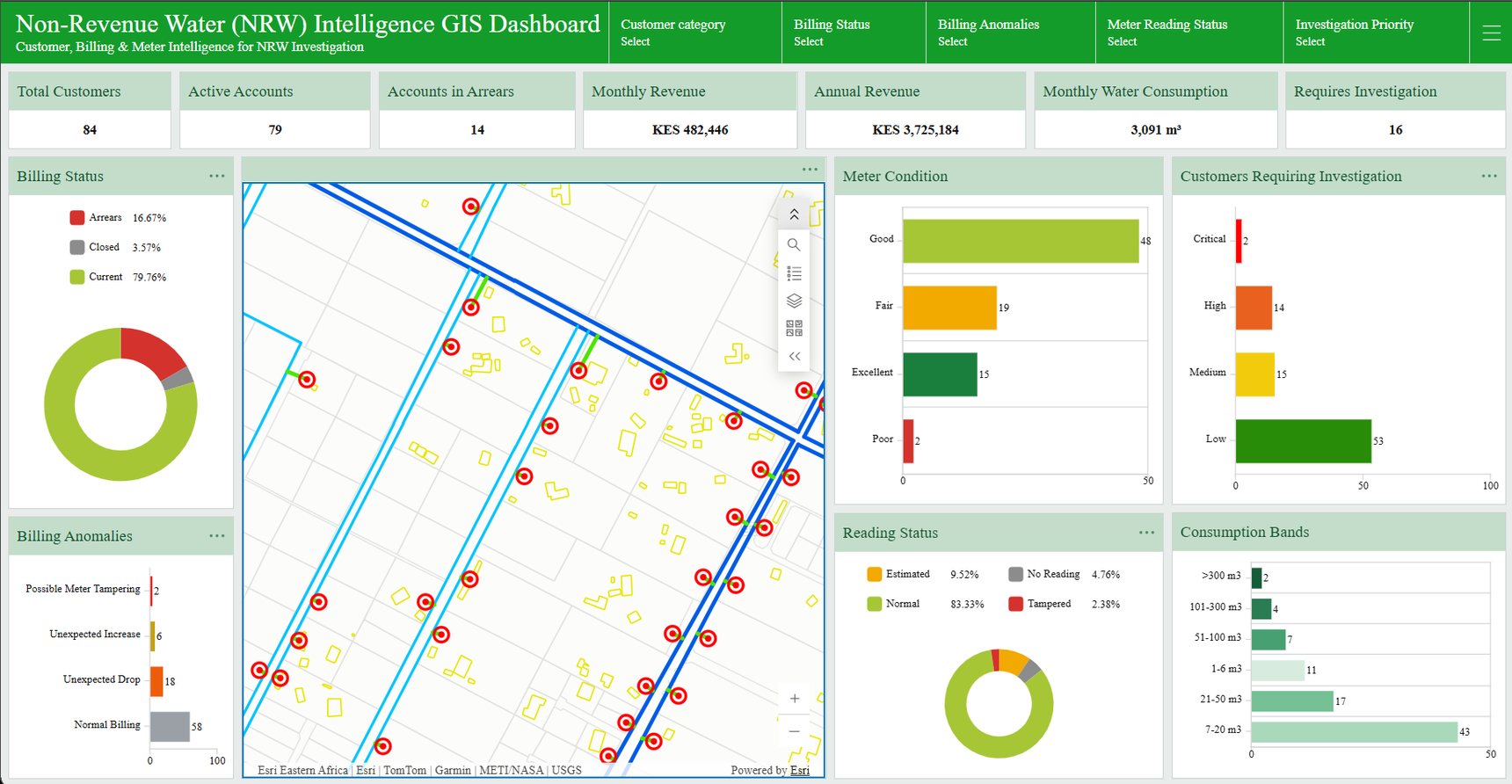 The Non-Revenue Water Intelligence dashboard: billing status, billing anomalies, meter condition and reading status charts, a customers-requiring-investigation ranking from critical to low, and a map of connections