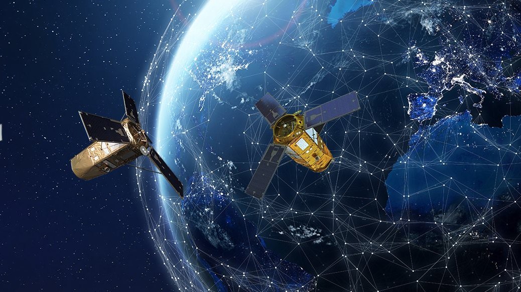 An illustration of the Earth from orbit, wrapped in a web of network lines, with two observation satellites in the foreground