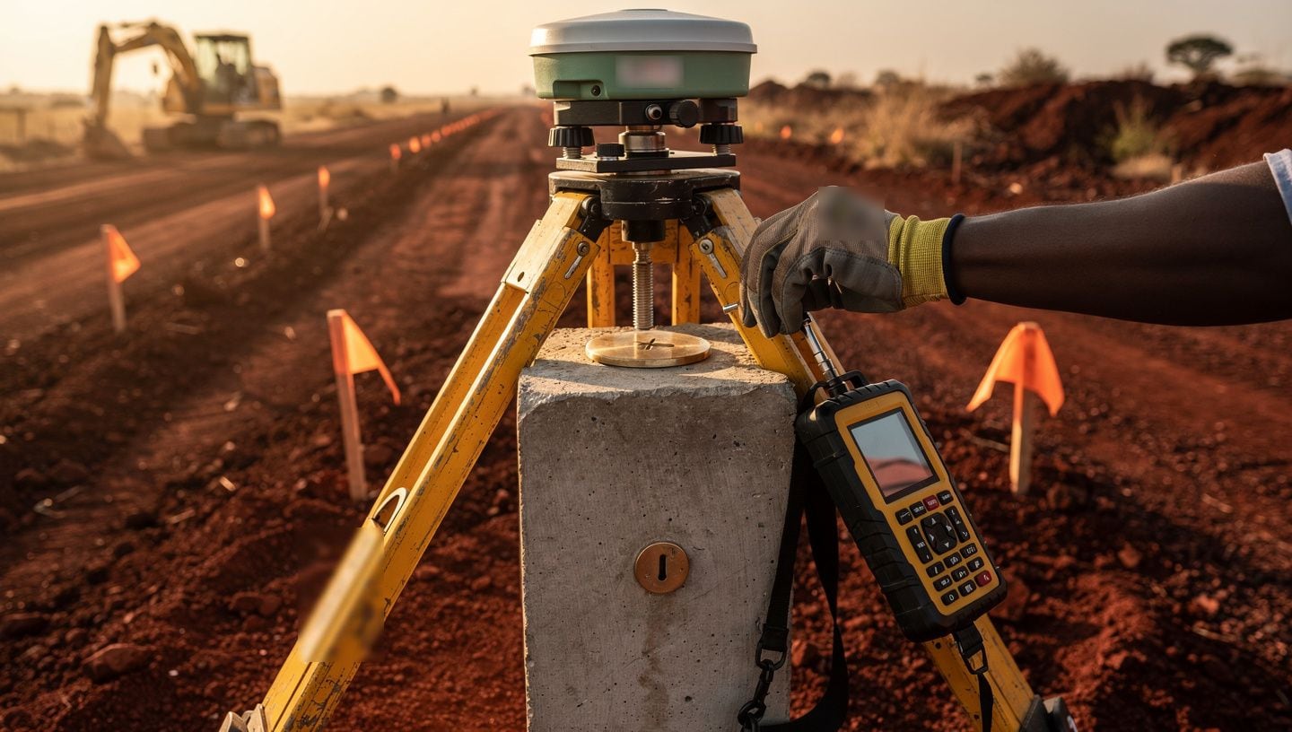 A GNSS receiver on a tribrach and a yellow tripod set up over a brass survey disc in a concrete pillar, a gloved hand at the tripod and a field controller hanging from its leg, on a red murram road corridor lined with flagged pegs, an excavator behind