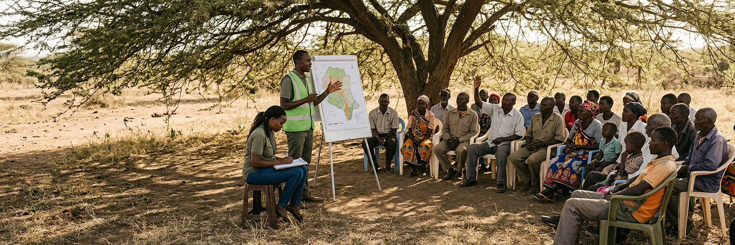 A public consultation meeting held under an acacia tree, residents seated in a semicircle while a consultant presents a land use map on a flip chart