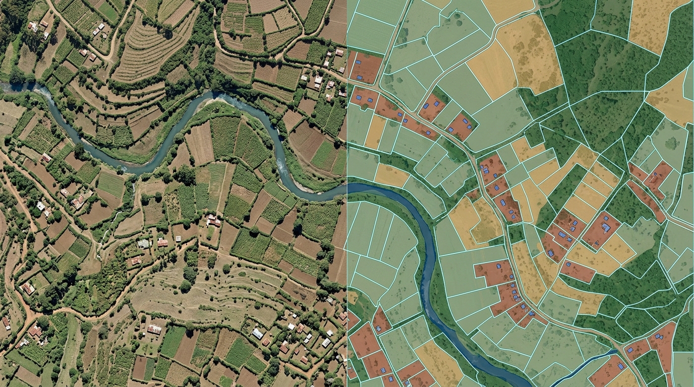 Satellite view of smallholder farmland along a winding river, the left half as plain imagery and the right half overlaid with colour-coded land-cover classes and field boundaries