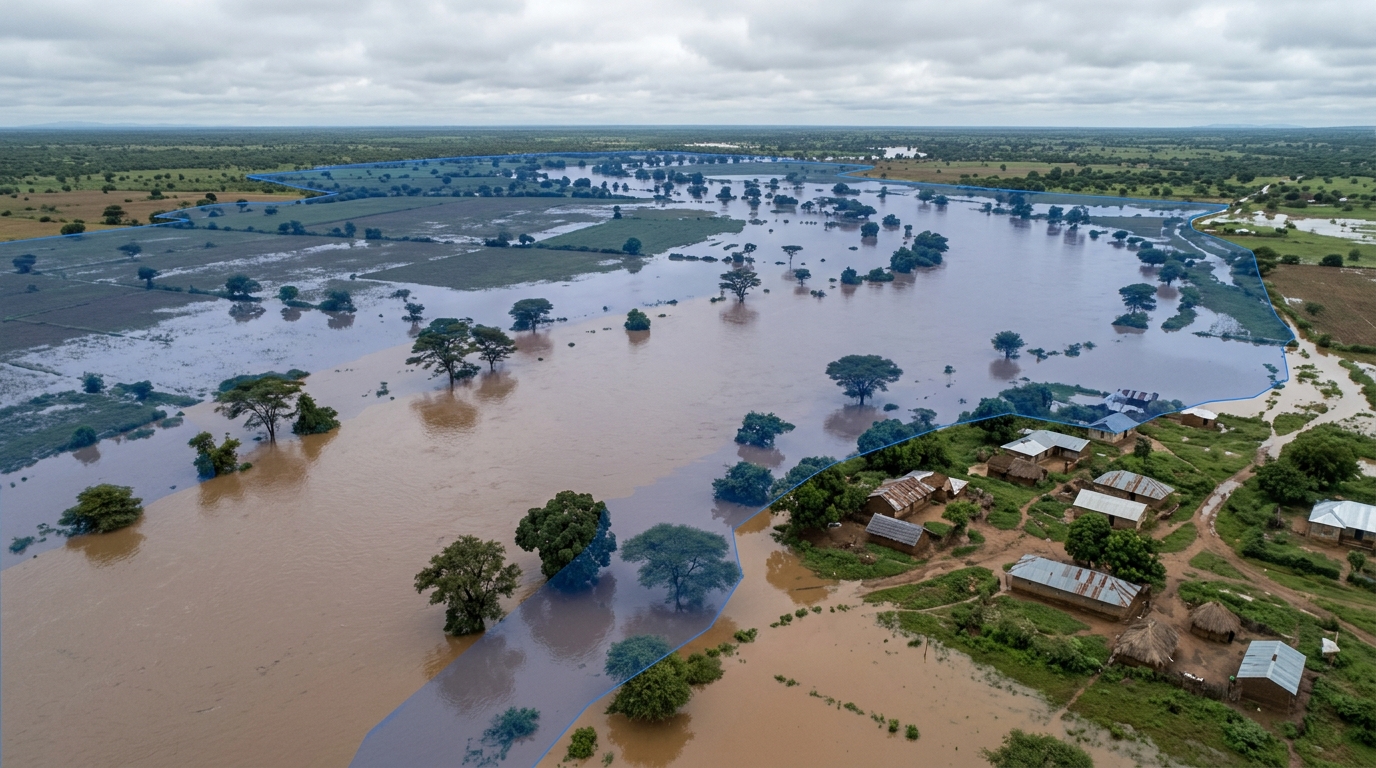 Aerial view of brown floodwater spreading across a plain with trees standing in it, a translucent blue outline marking a modelled flood extent that runs past the water onto dry fields and up to a cluster of iron-roofed homesteads