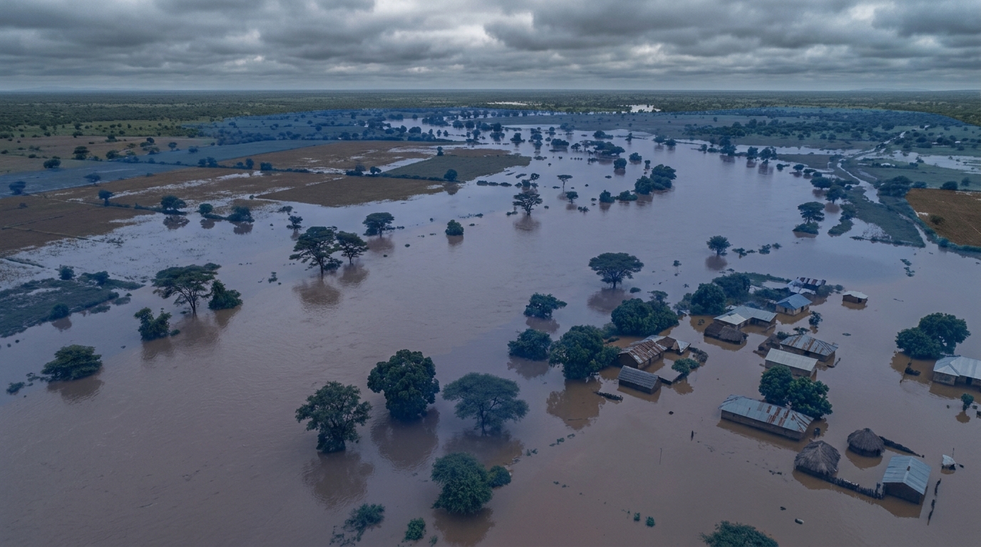 The same plain under a heavier sky with the water risen to the modelled line, the homesteads now standing in floodwater