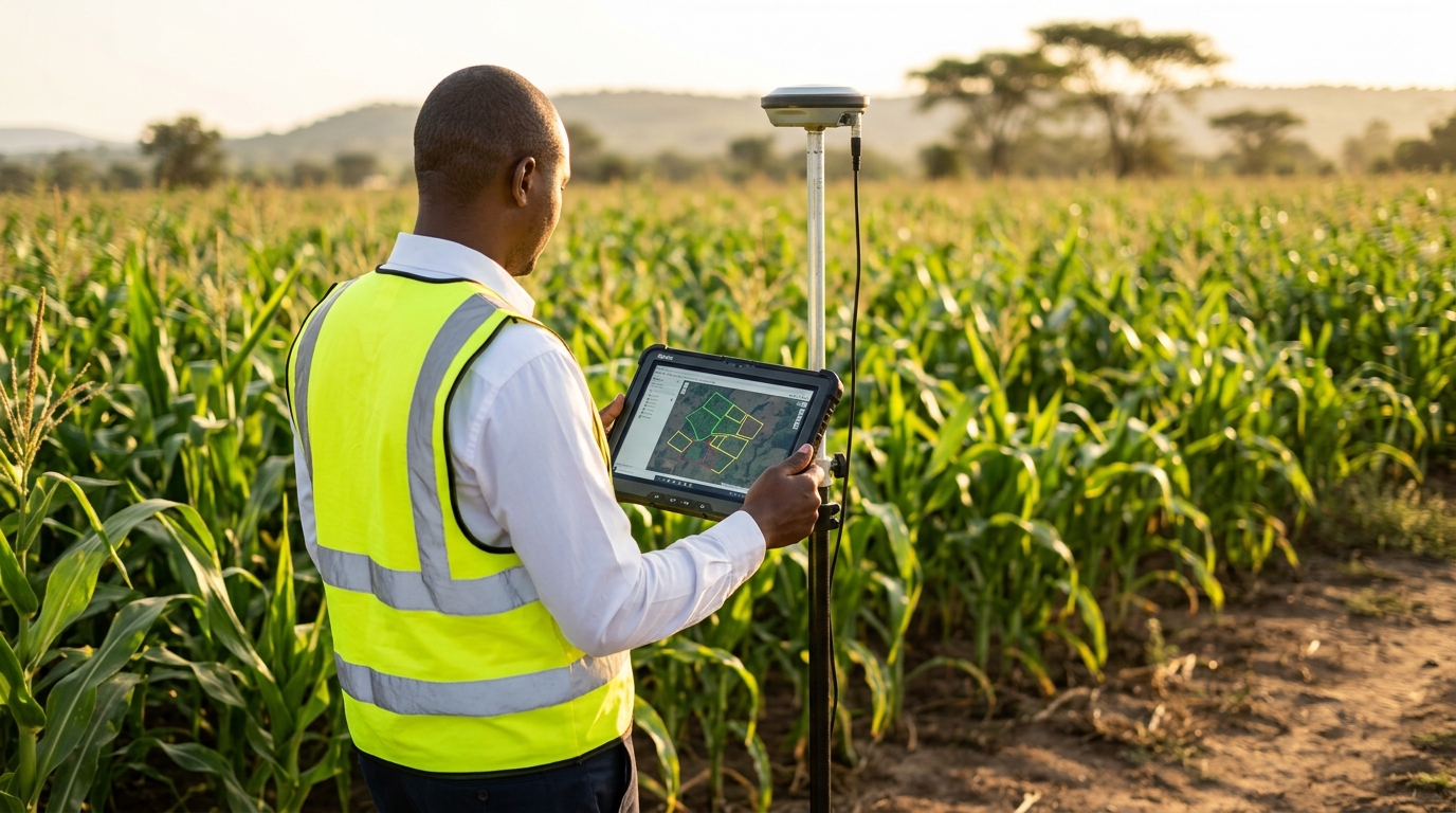 A field officer in a high-visibility vest standing in a maize field beside a GNSS receiver on a pole, checking coloured field outlines on a rugged tablet