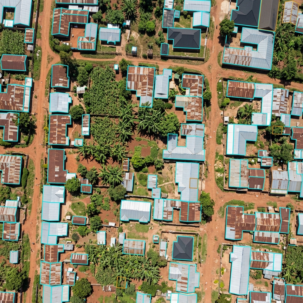 Top-down aerial view of a dense neighbourhood of iron-roofed houses, red dirt roads and banana plants, every roof traced by a thin cyan outline and a few by amber ones