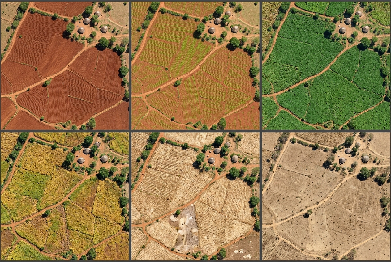 Six aerial tiles of the same fields around a cluster of round thatched huts, going from ploughed red soil through green crops and yellowing maize to harvested stubble and bare dry ground