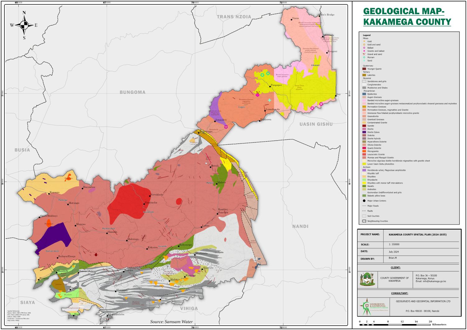 The Kakamega County geological map with mines, rock units coloured across the county, with a legend and title block