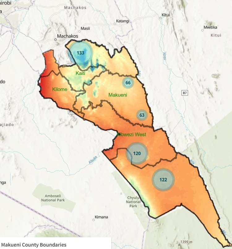 A web map of Makueni County: a colour surface running from red to blue across the county, its sub-county boundaries labelled Kilome, Kaiti, Makueni and Kibwezi West, and clustered point counts, over a grey basemap showing Machakos, Kitui and the Chyulu and Amboseli national parks
