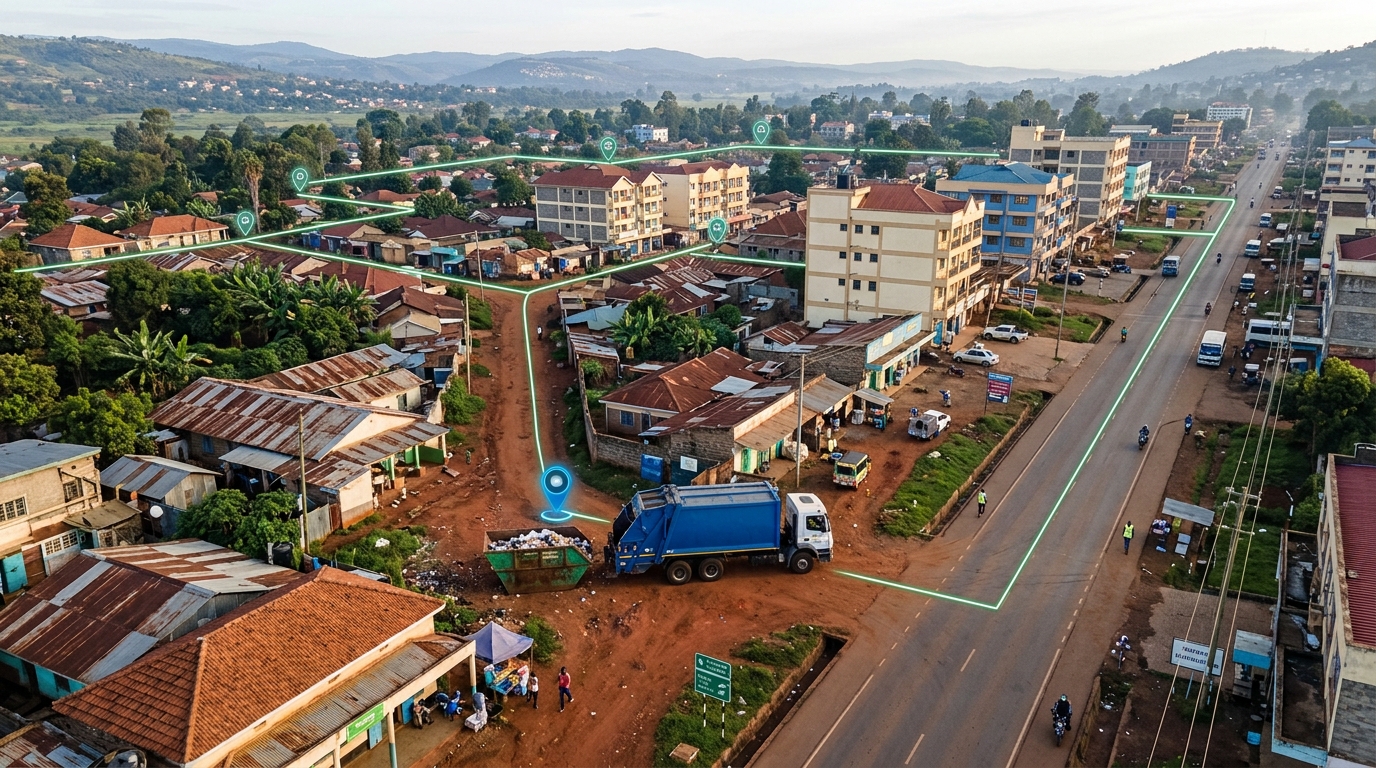 Aerial view of a town with a blue refuse truck beside a skip on a red dirt road, a glowing collection route traced through the streets between map pins