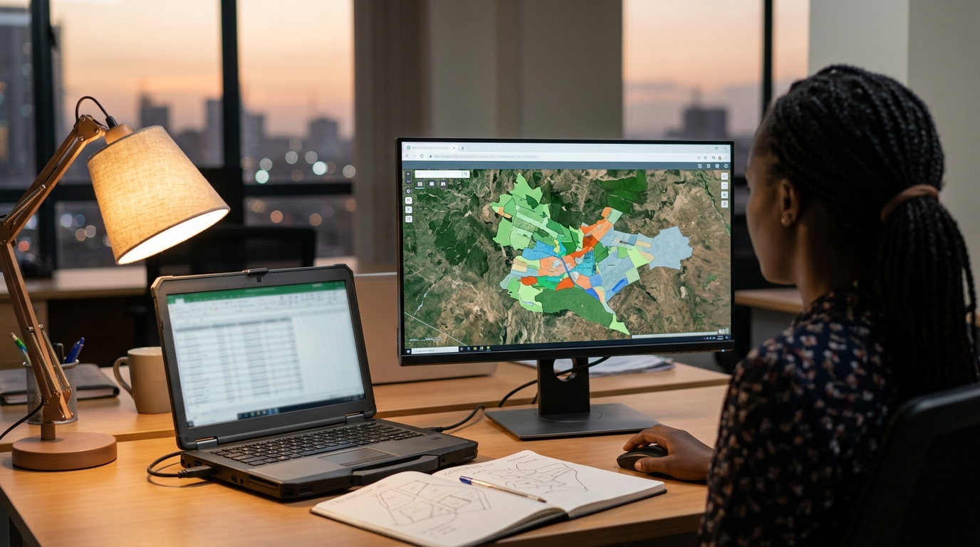 A woman at a desk in the evening, seen over her shoulder, working at a large monitor showing a satellite map with coloured land parcels, beside a rugged laptop showing a spreadsheet, a desk lamp and a notebook with a hand-drawn sketch map
