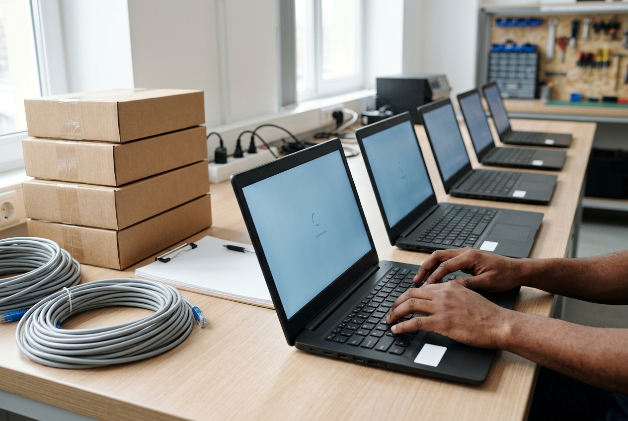A technician's hands typing on the nearest of five matte-black laptops lined up along a bench, each with a blank white tag on its palm rest, beside stacked shipping boxes, coils of network cable and a clipboard