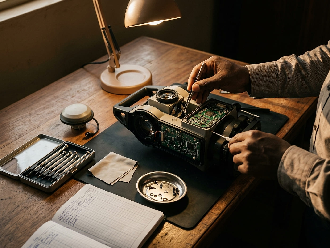 A technician working on an opened survey instrument at a workshop bench under a task lamp, with a driver set, parts tray and calibration logbook laid out around it
