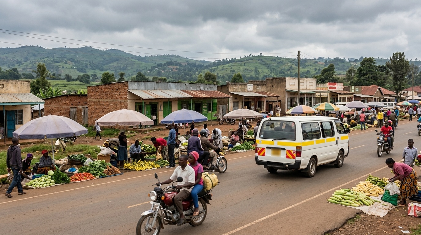 A roadside market along a tarmac road, traders under umbrellas selling vegetables, bananas and maize, a minibus and motorcycles passing and green hills behind