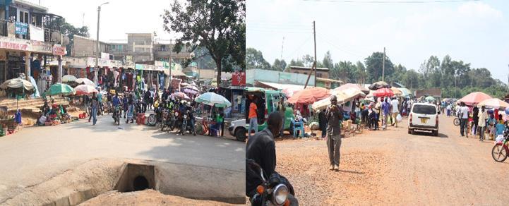 Two views of a busy roadside market, traders under umbrellas along the road edge and crowds, motorcycles and a van in the street