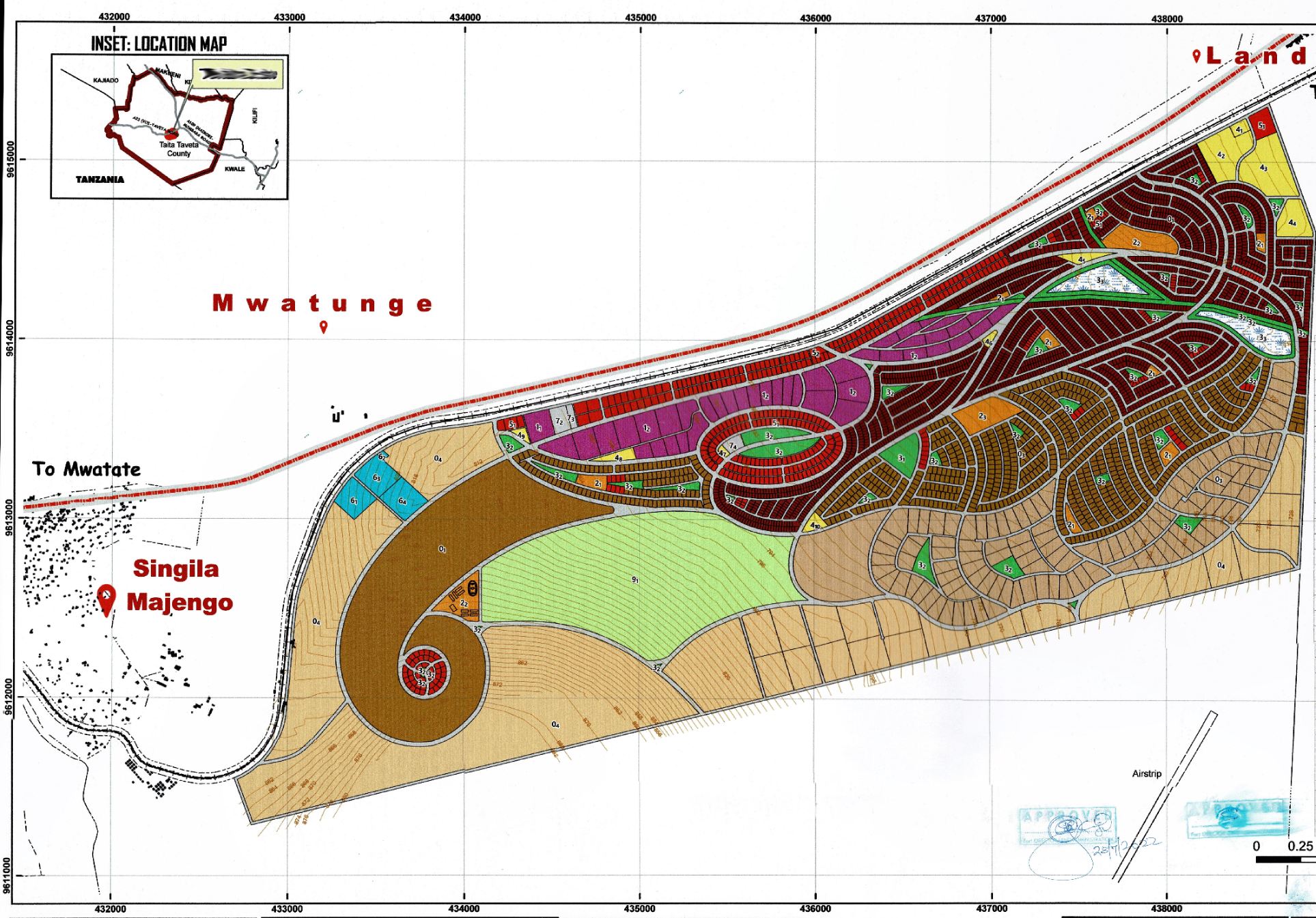 The Taita Taveta master plan: a long block of land beside the Mwatate road divided into colour-coded land use zones, with curving estate roads, open spaces and a location inset