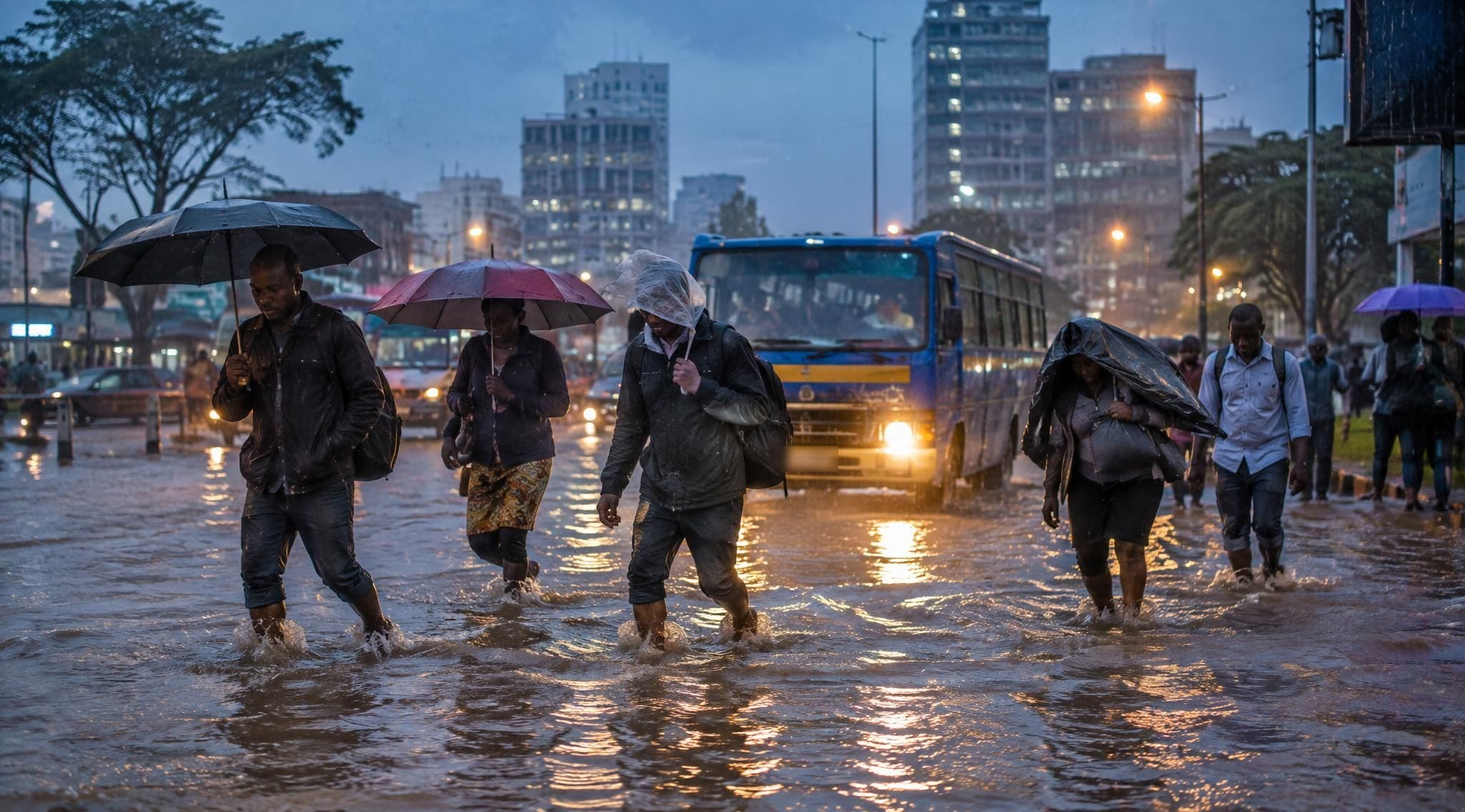 Commuters wading across a flooded city junction at dusk in heavy rain, under umbrellas and plastic sheeting, a bus pushing through the water behind them and office blocks lit beyond