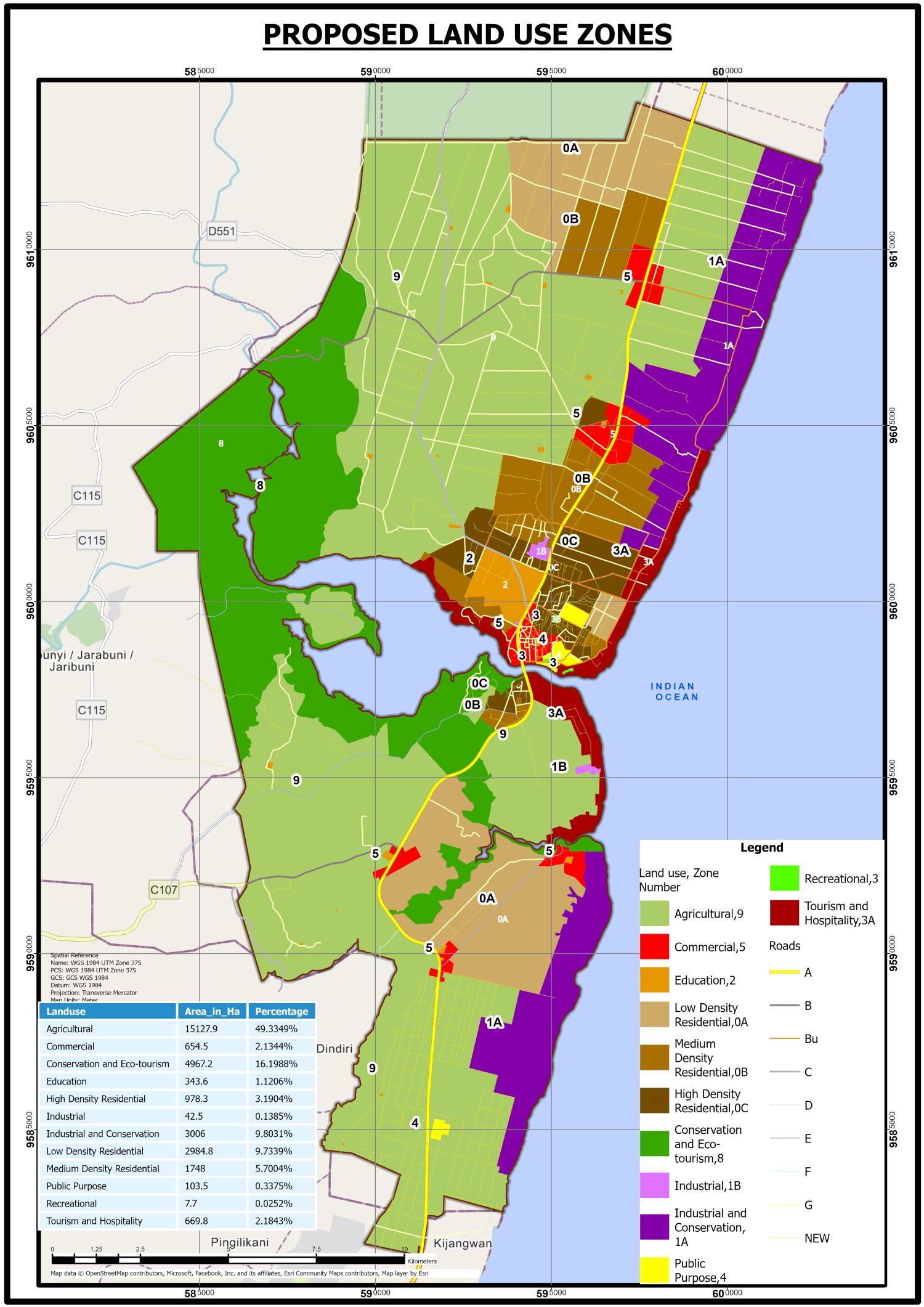 The proposed land use zones map for the municipality, each zone coloured by use along the coastline, with a legend and an area table
