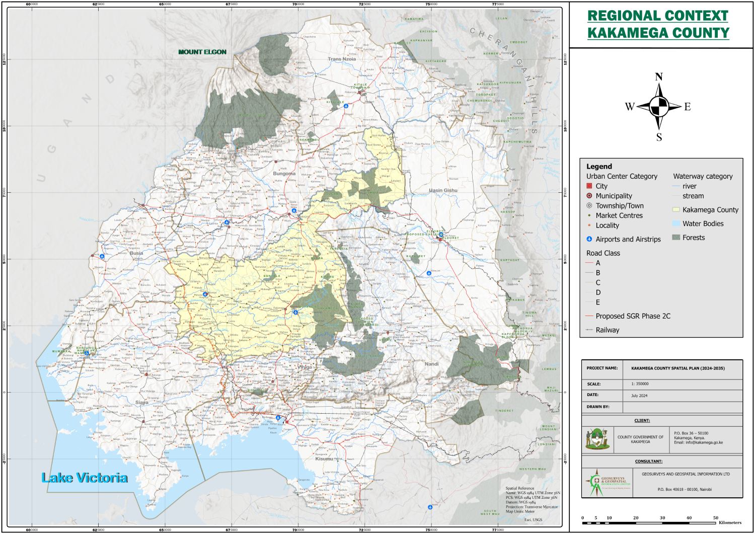 The regional context map for Kakamega County, showing towns, roads, rivers, forests and Lake Victoria, with a legend