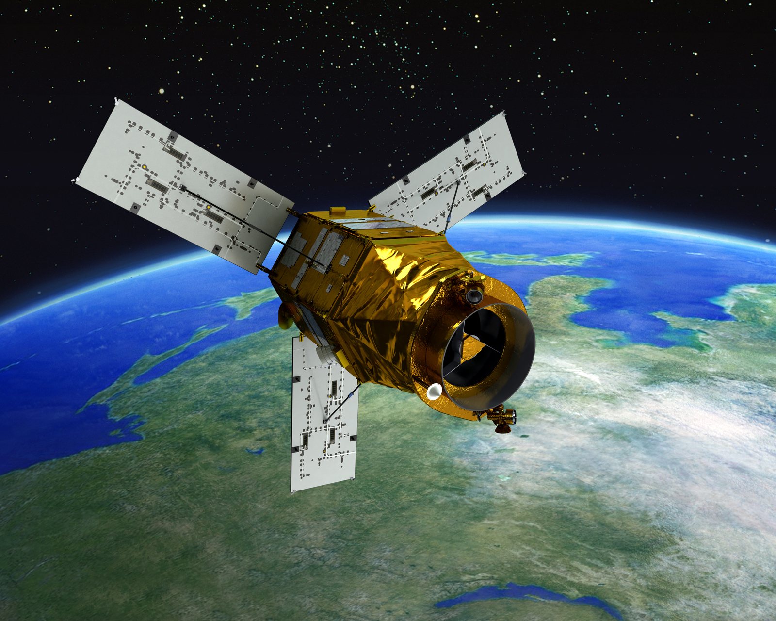 An illustration of the KOMPSAT-3 satellite, a gold body with white solar panels, over green land and cloud