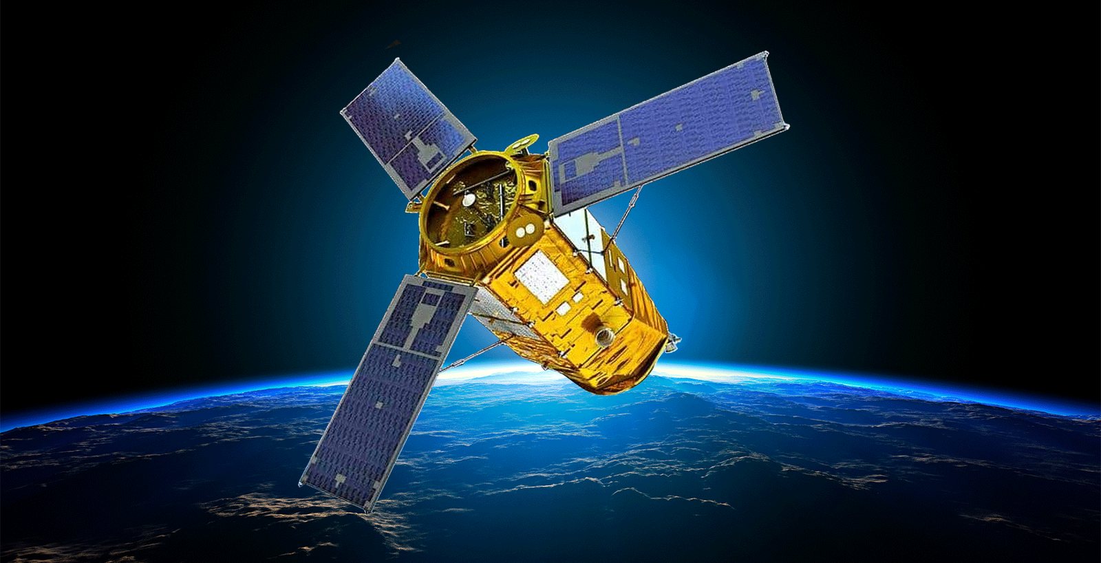 An illustration of the KOMPSAT-3A satellite, a gold body with three blue solar panels, above the glowing horizon of the Earth