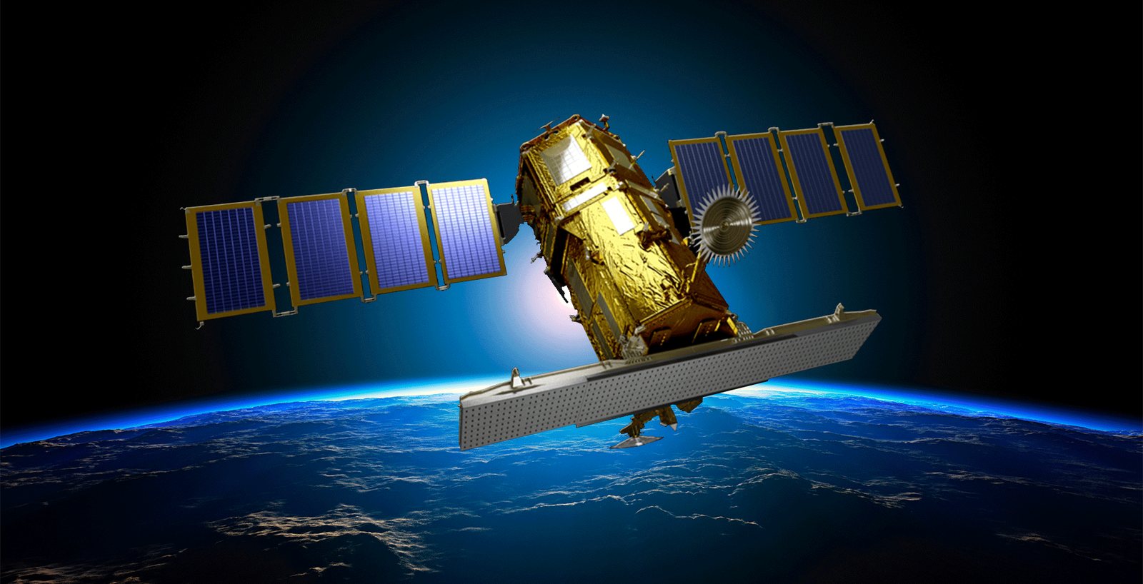 An illustration of the KOMPSAT-5 radar satellite, a gold body with blue solar panels and a long flat antenna, above the Earth's horizon