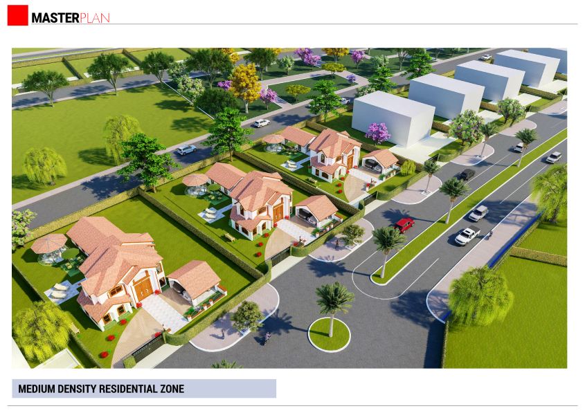 A 3D render from the master plan of detached houses along an estate road, labelled medium density residential zone