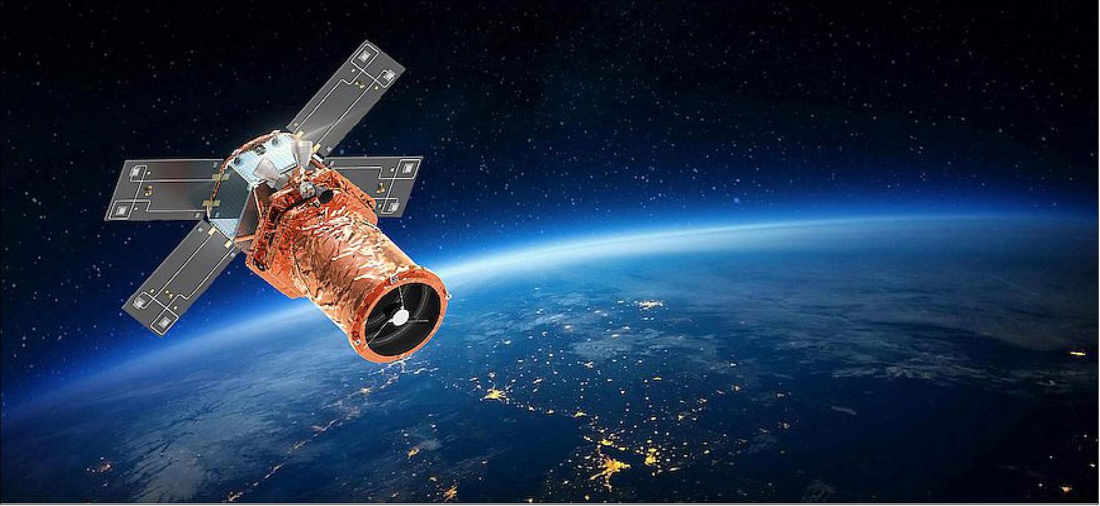 An illustration of the SpaceEye-T satellite, a copper-wrapped body with four grey solar panels, over the Earth at night with city lights below