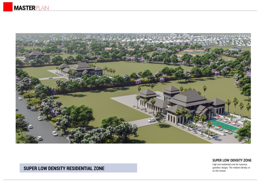 A 3D render from the master plan of a large residence in landscaped grounds, labelled super low density residential zone