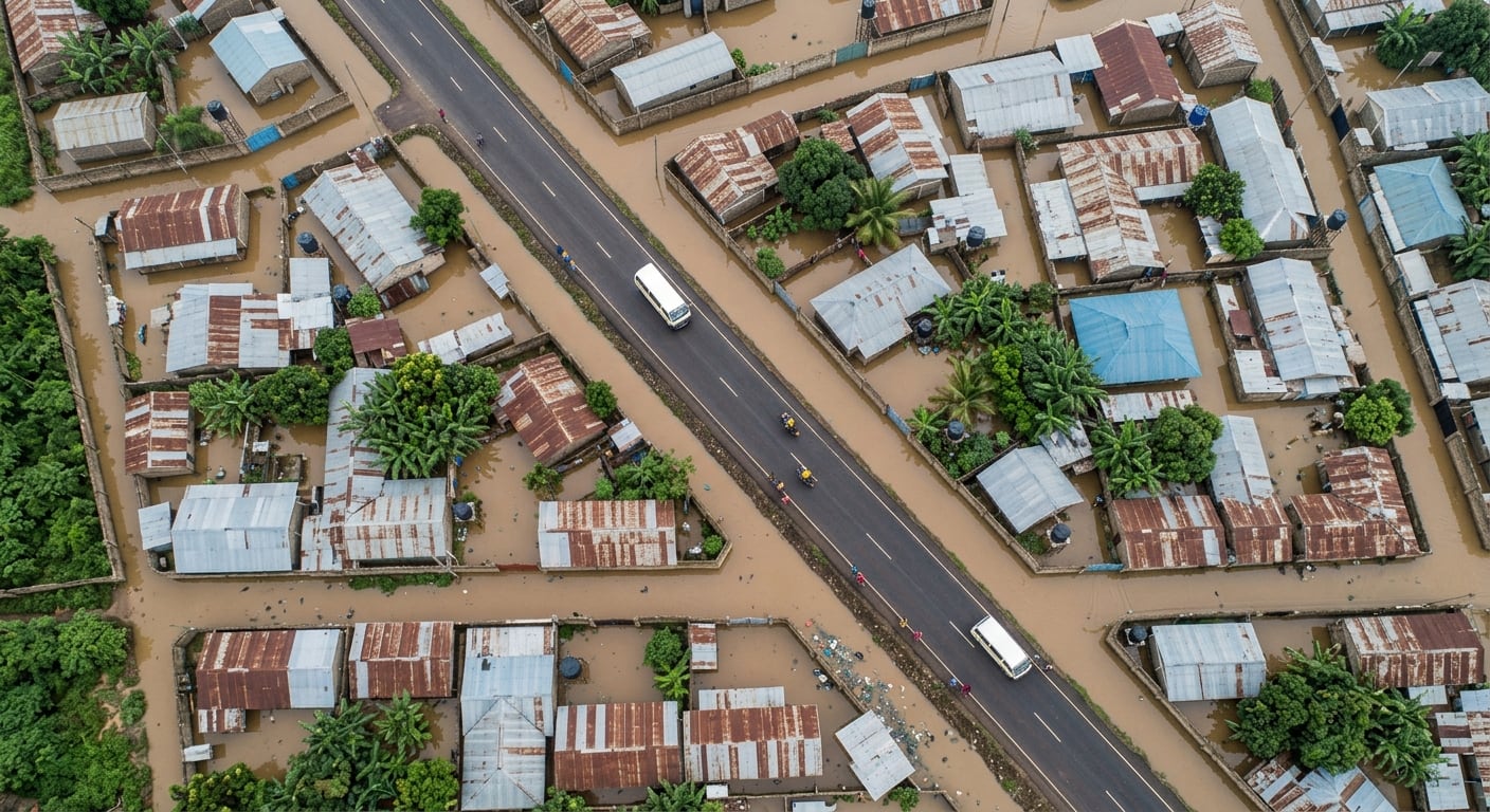 Looking straight down on a flooded estate: brown floodwater filling the streets between walled compounds of iron-roofed houses, and a dry tarmac road crossing it on an embankment, with minibuses, boda bodas and a few people on it
