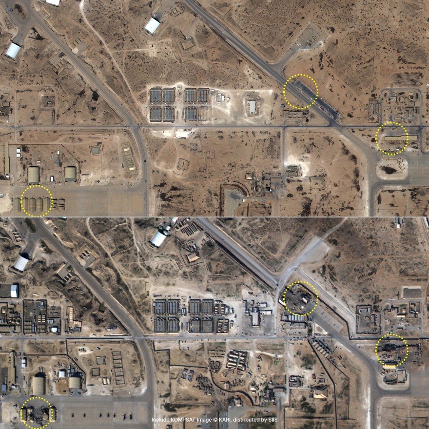 Two satellite images of the same airbase, one above the other, with yellow circles marking buildings that have been damaged in the later image