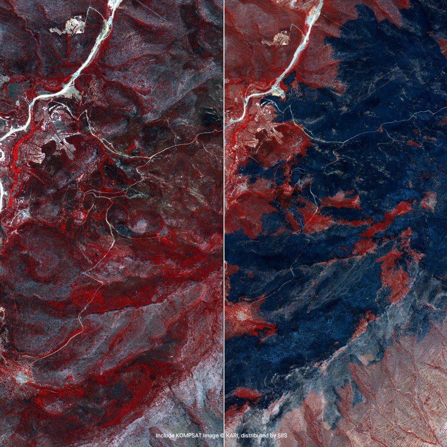 False-colour satellite imagery of the same hills twice, side by side: vegetation shows red, and on the right large areas have turned dark blue where it has burned