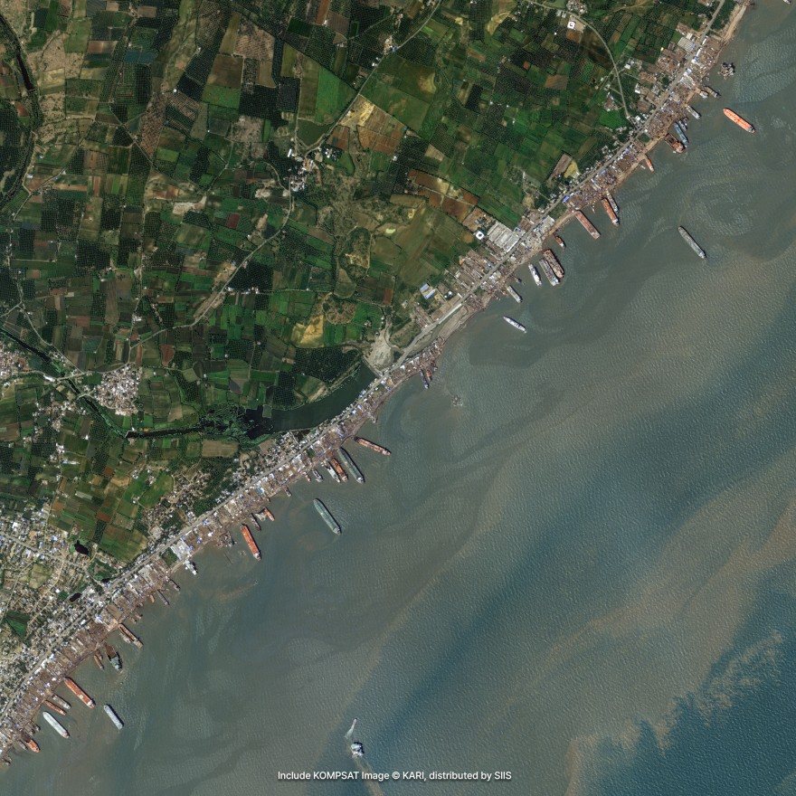 Satellite imagery of a coastline with small fields inland and dozens of boats moored or moving along the shore