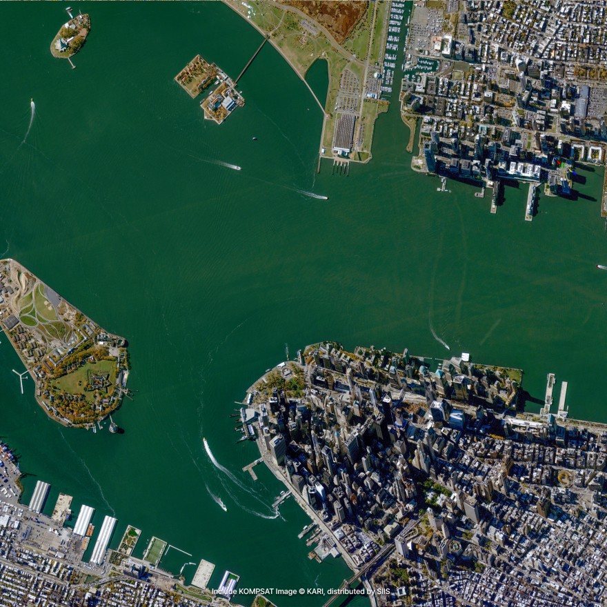 Satellite imagery of a harbour: the tip of a city of high-rise buildings, piers along its edge, and a green island in the water beside it