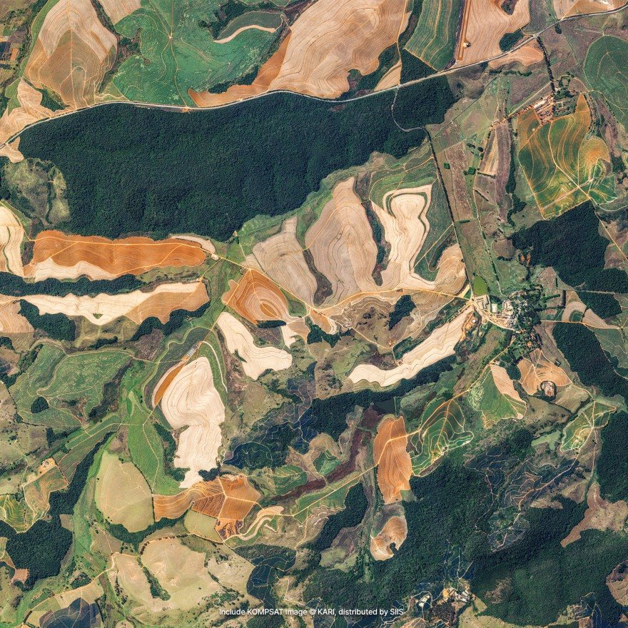 Satellite imagery of hilly farmland: ploughed and cropped fields in brown, cream and green, curving around a long dark patch of forest