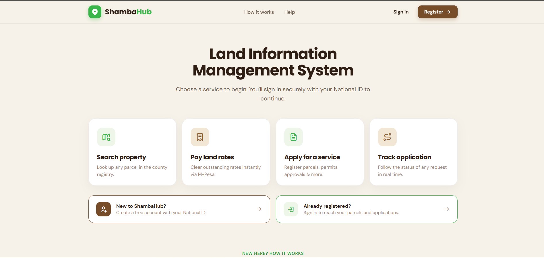 The ShambaHub landing page, offering four services: search property, pay land rates, apply for a service and track application
