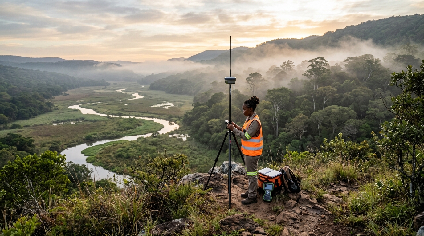 A surveyor in a high-visibility vest beside a GNSS receiver on a tripod, on a rocky outcrop above a forested valley where a river winds through wetland in morning mist