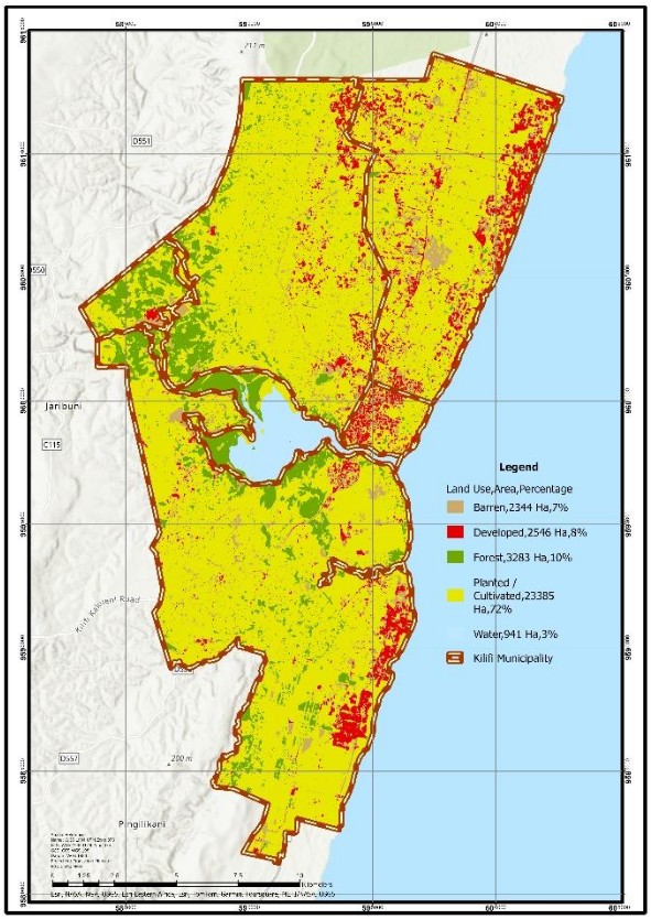 A thematic land use and land cover map of the municipality in yellow, green and red along the coastline, with a legend