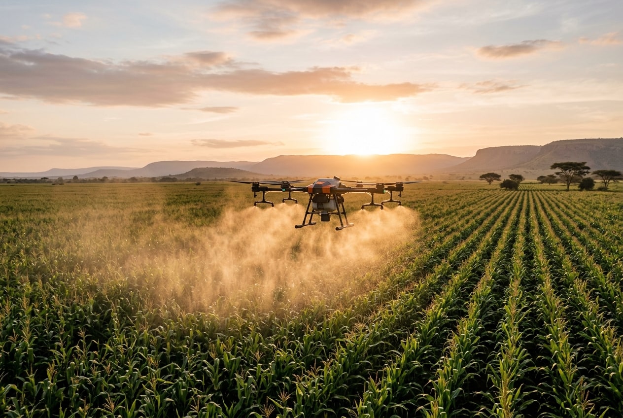 An agricultural drone hovering low over a maize field, its spray drifting as a fine mist lit from behind by the setting sun, flat-topped hills on the horizon