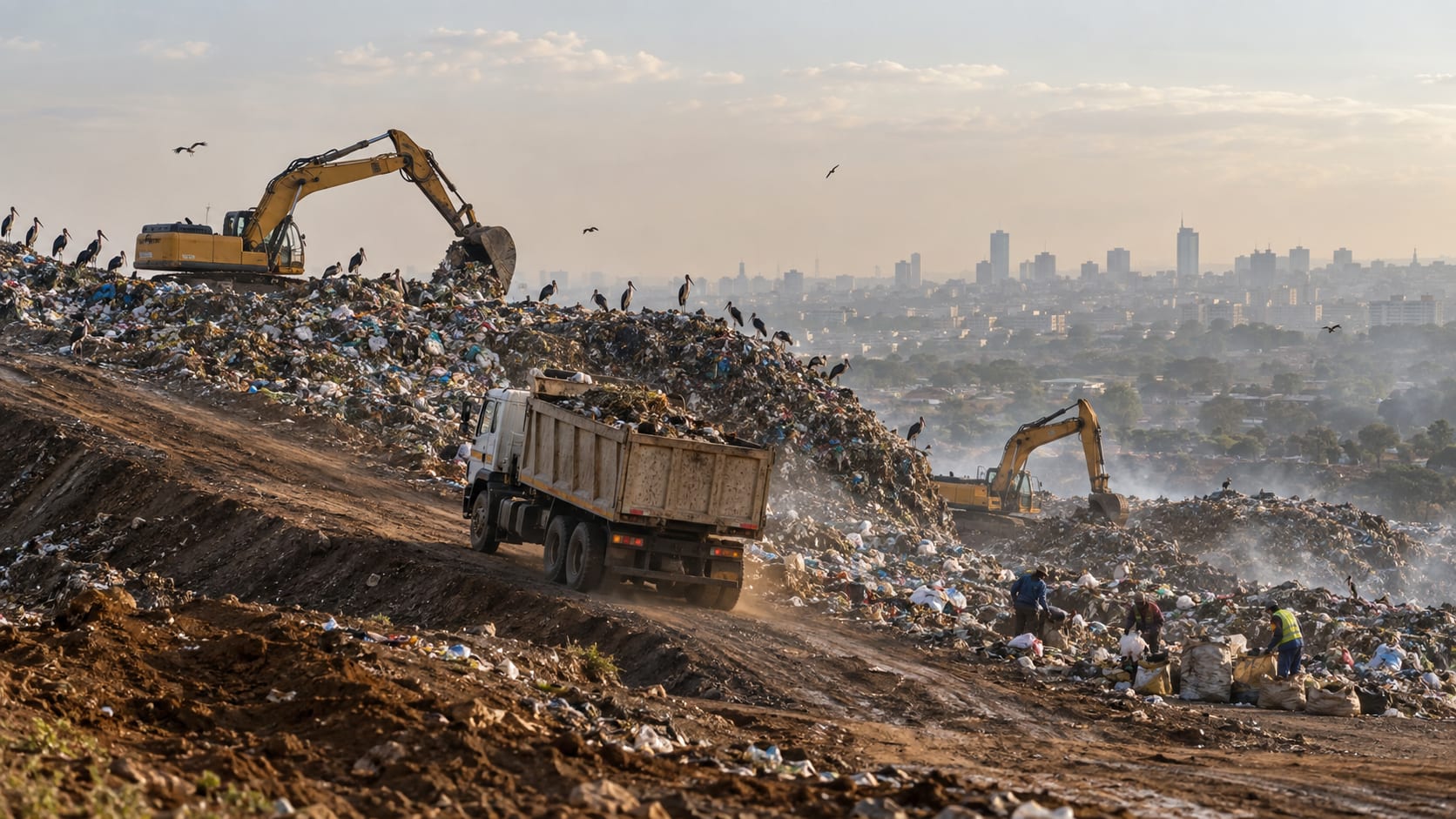 Excavators and a tipper lorry working a vast mound of mixed waste at an open landfill, marabou storks along its ridge, waste pickers filling sacks at its foot and a city skyline in the haze beyond