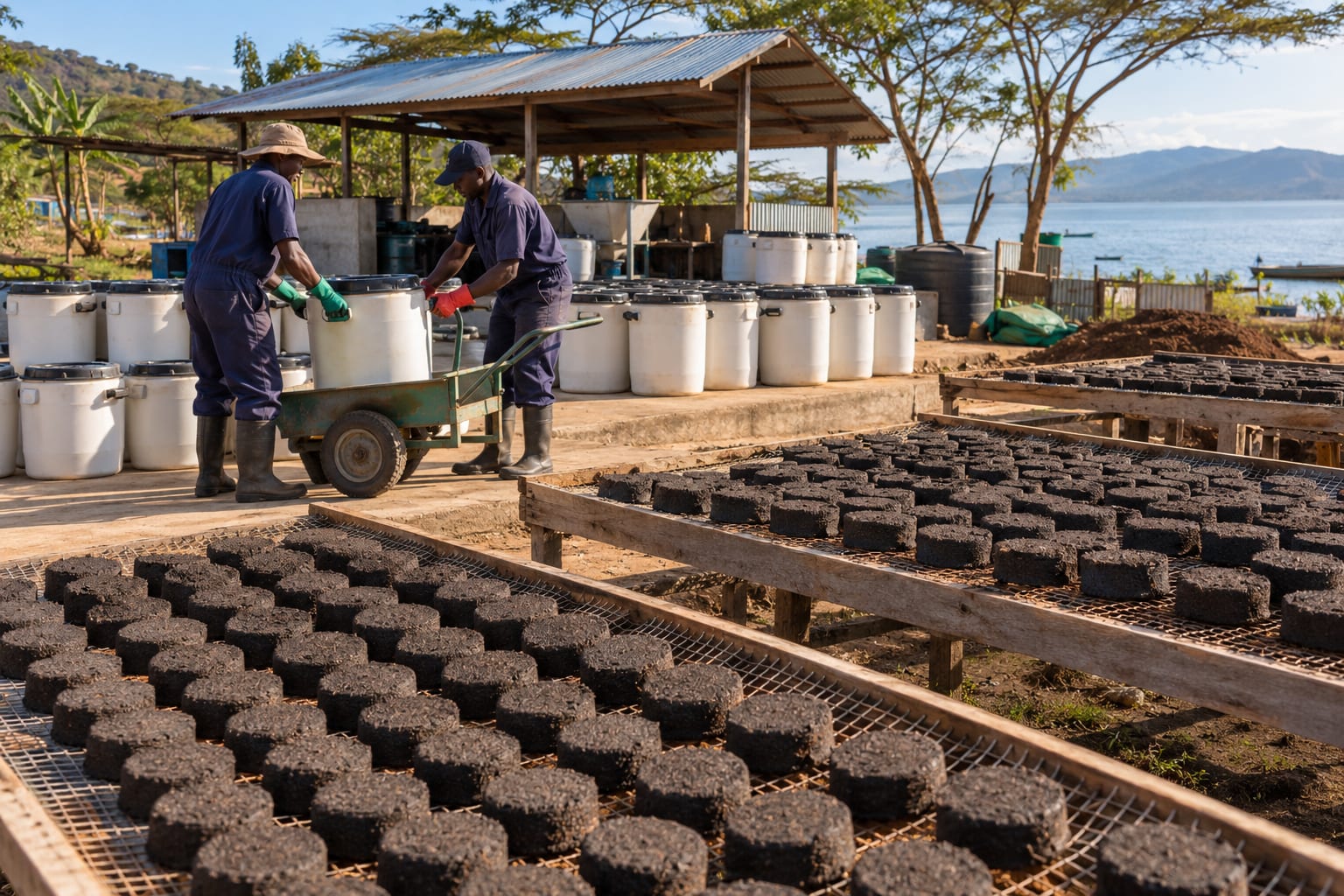 Rows of dark round fuel briquettes drying on raised mesh racks while two workers in overalls and gloves move sealed white containers on a handcart beside an iron-roofed shed, a lake and hills behind