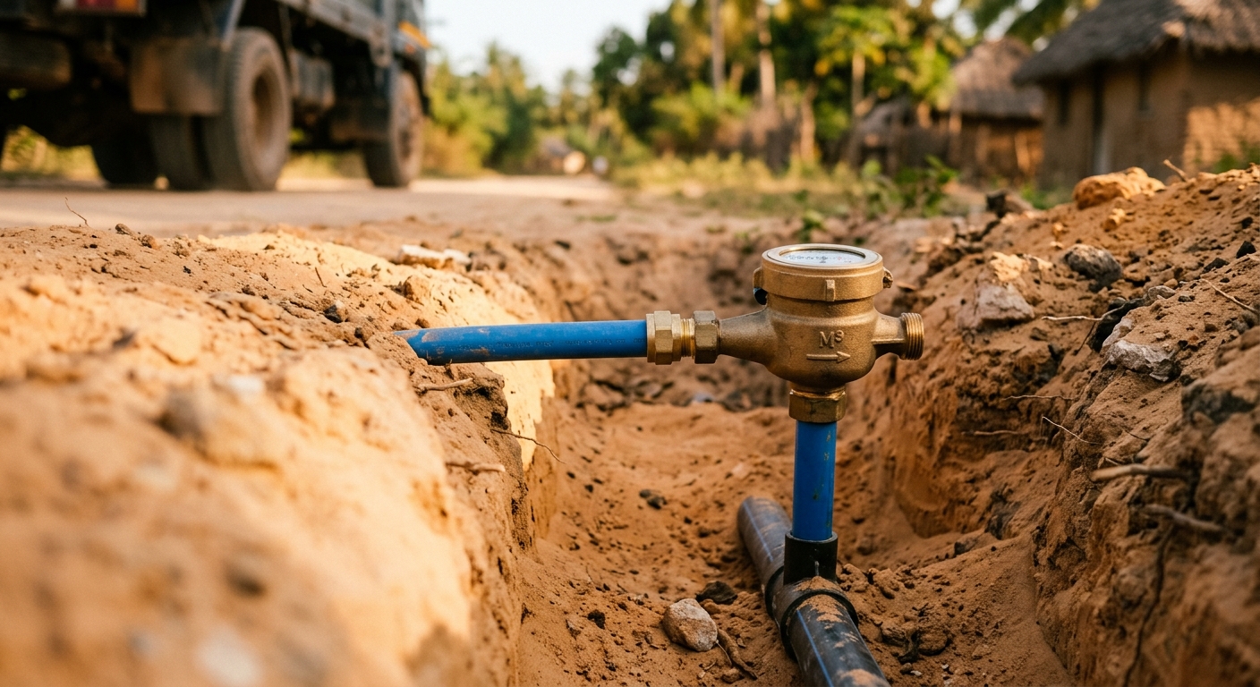 A brass water meter joining a blue service pipe in an open sandy trench beside a dirt road, a lorry parked at the left and thatched-roof houses and palms along the roadside behind