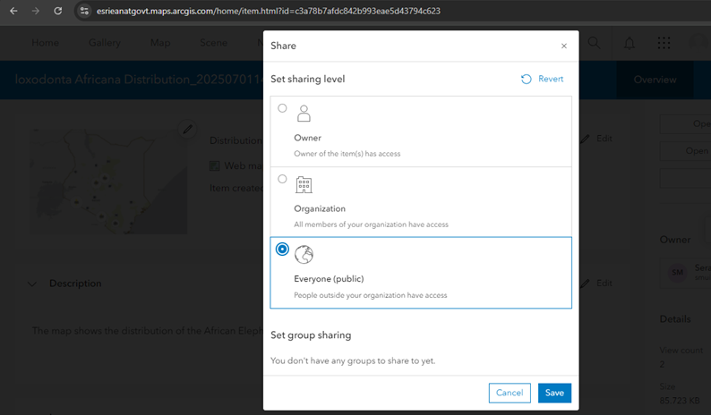The ArcGIS Online Share dialog open over a web map item, offering Owner, Organization and Everyone (public) as sharing levels, with Everyone selected