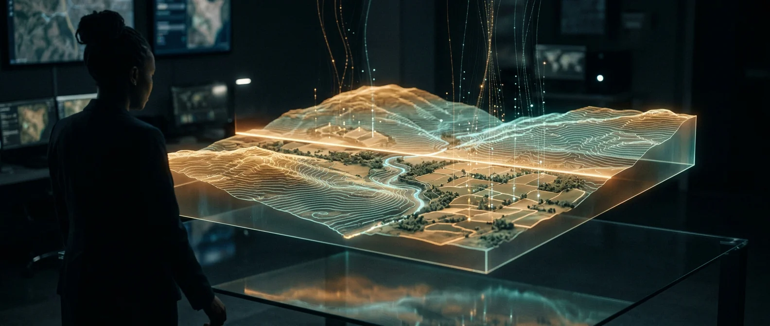 A glowing translucent 3D terrain model of hills, a winding river and patchwork fields hovering above a glass table in a darkened operations room, threads of light rising from it and a silhouetted analyst watching from the left