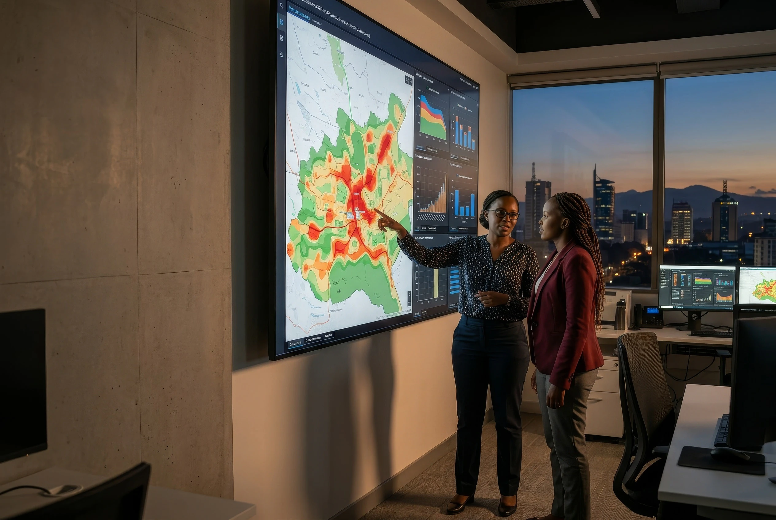 Two analysts standing at a large wall display showing a county map shaded from green to red with charts beside it, office monitors and a city skyline at dusk through the windows behind them